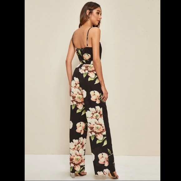 Black Floral Wide Leg Spaghetti Strap Jumpsuit - Picture 3 of 6